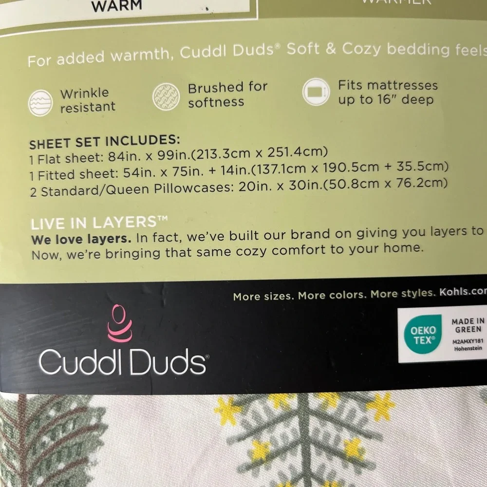 Cuddl Duds Soft & Cozy Full‎ Sheet Set Christmas Trees White Green Red NIP